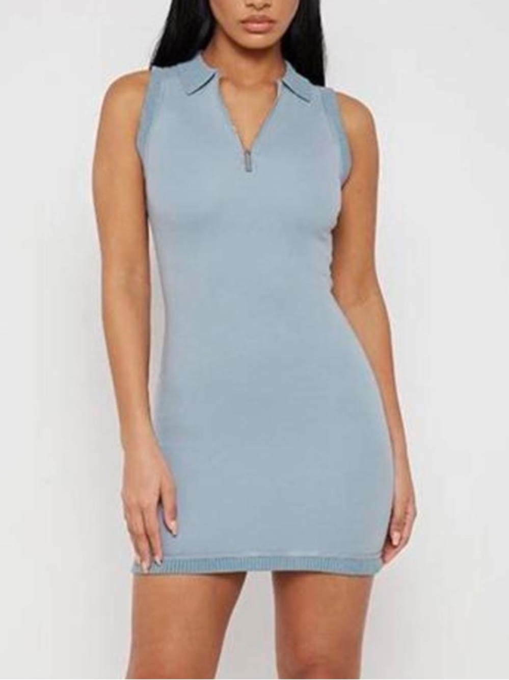 Maniere De Voir Powder Blue Sleeveless Polo Zip Mini Dress